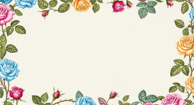 Padr&atilde;o elegante de papel de parede floral com rosas em tons past&eacute;is e folhagens detalhadas sobre um fundo creme suave e texturizado, textura, fundo, interior