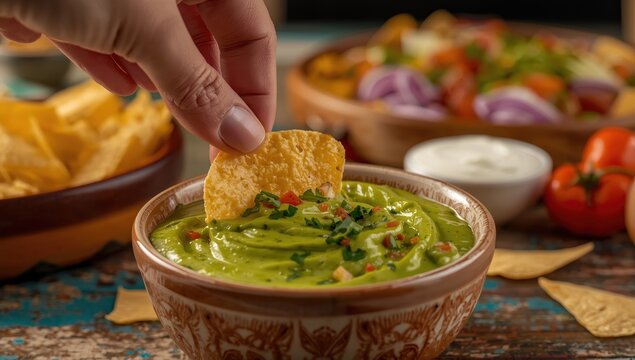 A hand immerses nacho chips in guacamole, close-up. Mexican cuisine.