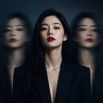 Woman with long black hair red lips and black blazer with multiple ghosted face layers