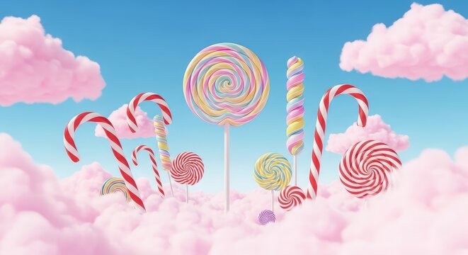 A whimsical dreamscape featuring towering pastel lollipops and swirling candy canes amidst fluffy pink clouds drifting across a blue sky, surreal, swirl, whimsical