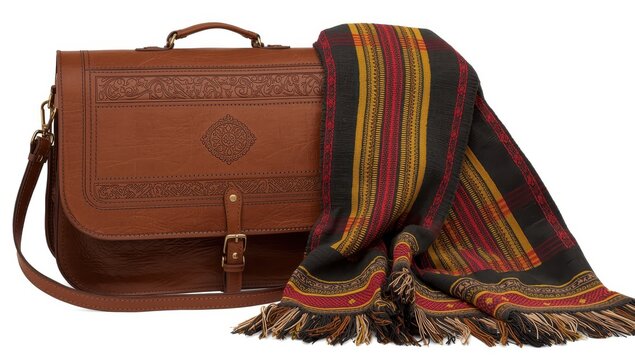 Antioquia Region's traditional leather bag, Carriel, and poncho on white background.