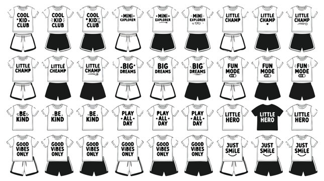 Minimalist kids clothing set vector, 36 baby apparel outfits with slogans, black and white children fashion technical drawings for catalog