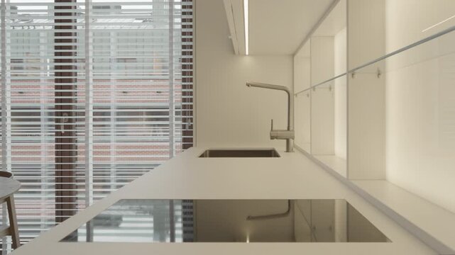 Kitchen LED lighting turning on inside residential apartment home indoor with induction cooktop on counter near window blinds and sink faucet basin real estate property minimalist white design.
