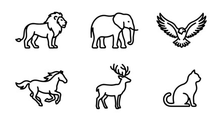 Fototapeta premium Minimalist Animal Icons Set: Lion, Elephant, Eagle, Horse, Deer, Cat, Vector Graphics