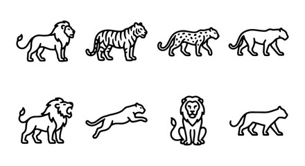 Fototapeta premium Big Cat Icons Collection: Lion, Tiger, Leopard, Panther Vector Graphics Set