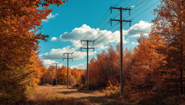 Autumn overhead line power poles