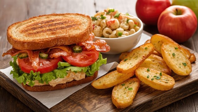 BLT sandwich with pasta salad and fries