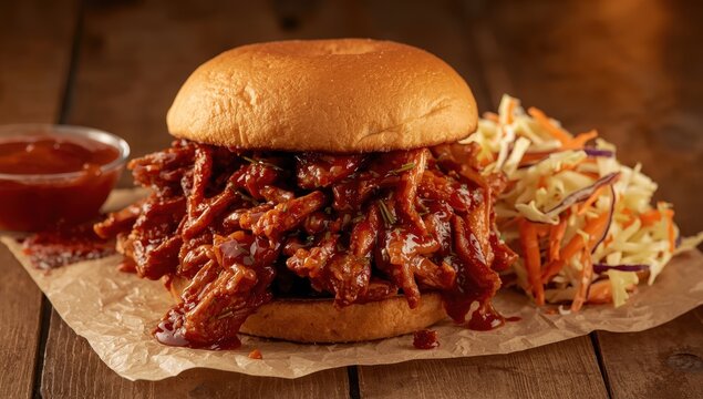 BBQ chicken sandwich on brioche with coleslaw and sauce.