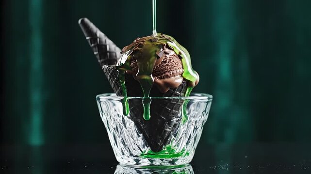 A decadent chocolate ice cream dessert with a waffle cone piece and green sauce drizzled on top served in a crystal glass bowl on a dark