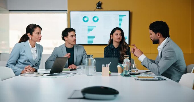 People, talk and meeting in office with data analysis, marketing insights or forecasting for campaign. Team, strategy or discussion in business with graphs, statistics or collaboration for ad trends.