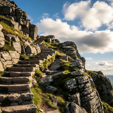 Rugged stone steps ascend a rocky mountain slope beneath a sky dotted with clouds