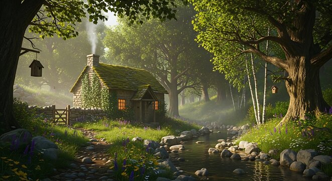 Rustic cottage nestled in a sun-dappled forest, beside a babbling stream