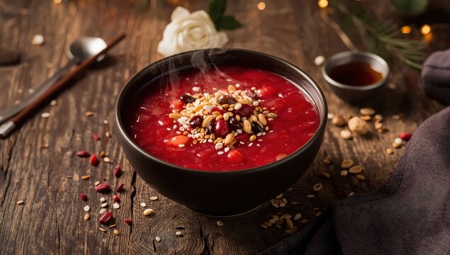 Bowl of red rice porridge. Laba porridge, a traditional dish, on a table.