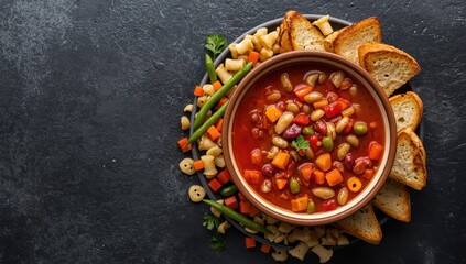 Fototapeta premium Bowl of tomato bean pasta soup with toasts on a dark stone surface, overhead view.