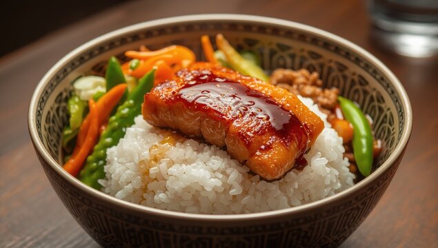 Bowl of salmon, rice, and vegetables.