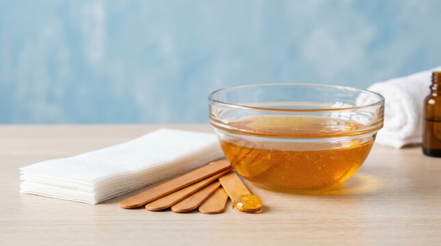 Bowl of sugaring paste, wax strips, and wooden applicators on a blue backdrop.