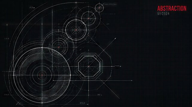 A technical engineering draft on a black grid background, showcasing precise geometric lines, concentric circles, and a hexagon, labeled with the word "Abstraction."
