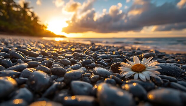 Sunset over the beach and sea with waves, sky, clouds, rocks, sand and coastline at evening