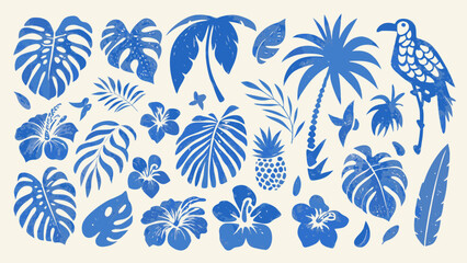 Blue silhouettes of tropical leaves hibiscus flowers a pineapple and a cockatoo bird on a cream background foliage monstera leaf palm © Prosit