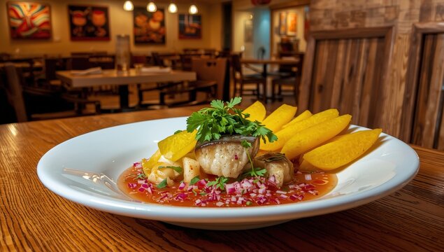 Ceviche with yuca, a traditional Peruvian meal.