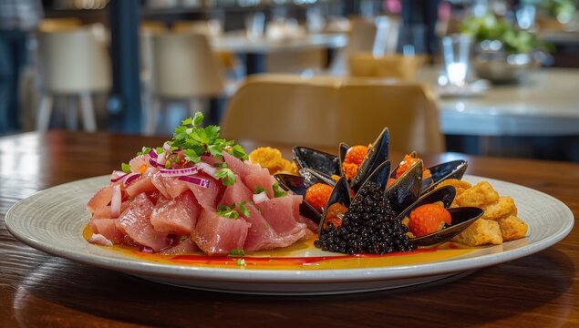 Ceviche with tuna, mussels, and caviar served on shells with spicy sauce and croutons.