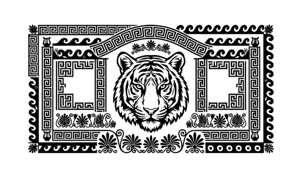 Tiger portrait with Greek meander ornaments and antique relief vector illustration