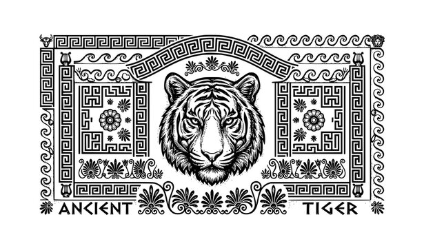 Artistic tiger portrait with classical Greek meander relief vector artwork