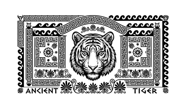 Monochrome tiger portrait with antique Greek meander ornament vector illustration