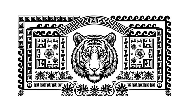 Minimal tiger portrait and Greek meander antique relief vector illustration