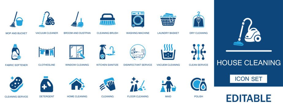 House cleaning and home services icon set. Featuring vacuum, cleaner, washing, machine, window, wiping, kitchen, sanitize, floor maid, and disinfectant spray symbols.