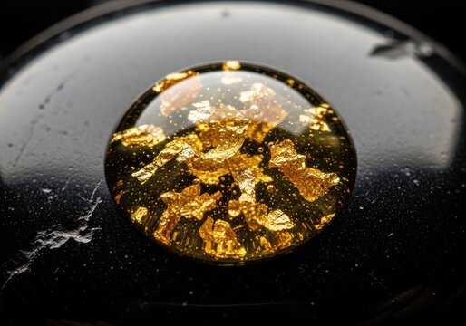 A drop of oil with 24k gold flakes suspended inside, sitting on a black obsidian stone.