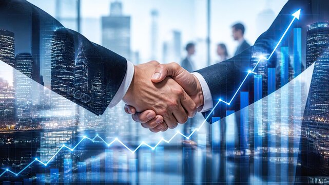 A symbolic handshake between two people in business attire overlaid with blue neon graphics representing financial growth and global trade