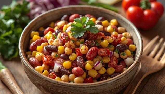 Chili-infused corn and bean salad. Tasty vegetarian dish.