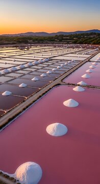 Salt pans bathed in sunset glow, geometric pools with pink water and salt mounds