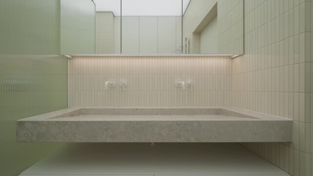 Bathroom washbasin unit built from ceramic tiles features two wall mounted faucet water tap mixers. Plumbing fixture sanitary equipment system installation inside vacant apartment restroom.