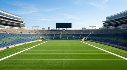 Fototapeta premium Empty football stadium with green field and large scoreboard under clear sky