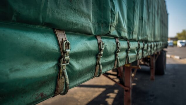 Close-up angle of green tarpaulin with straps and fastening features.