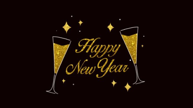 Happy New Year Greeting with Golden Champagne Glasses and Stars