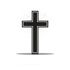Obraz premium A stark black Christian cross with a white outline, set against a white background with radiating light rays emanating from behind it, casting a subtle shadow.