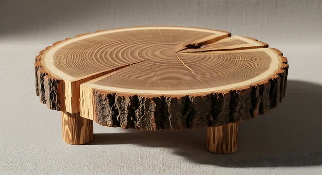 Rustic wooden slice table with textured bark and split top, supported by log legs