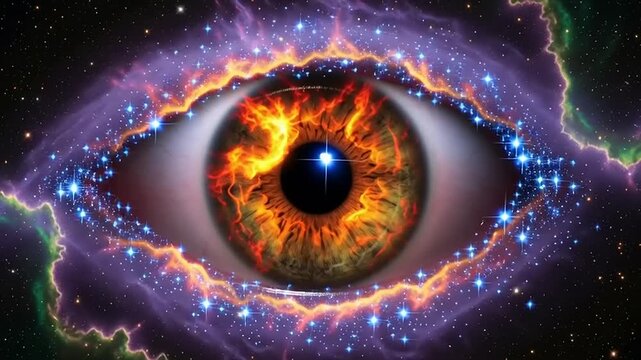Cosmic Eye with Flames and Stars.
