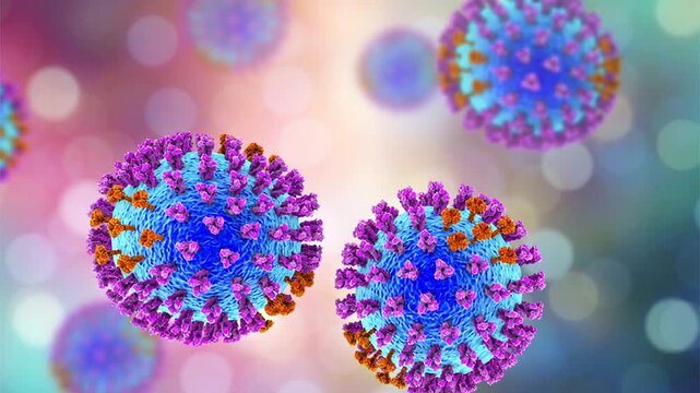 Influenza virus particles with surface hemagglutinin and neuraminidase spikes, rotating and drifting. 3D animation of enveloped RNA viruses causing seasonal influenza infection.