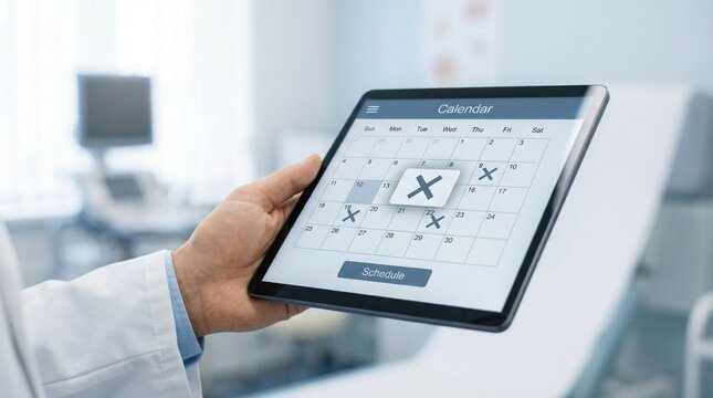 Doctor showing a calendar on a tablet, symbolizing appointment scheduling and medical organization.