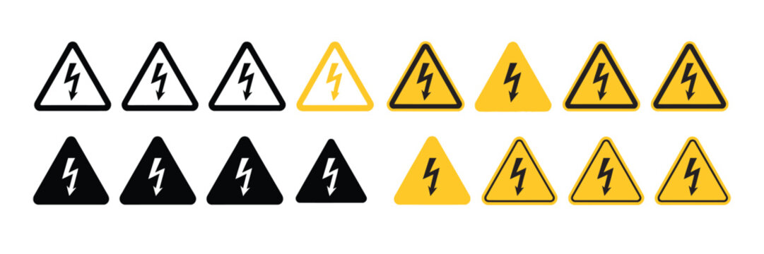High voltage warning sign and lightning hazard icon set symbol vector illustration