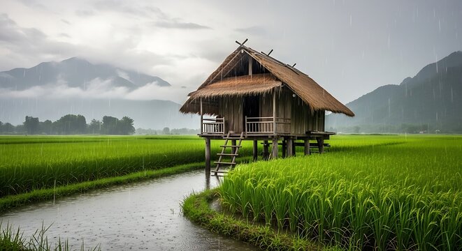 Rustic hut on stilts in a lush green rice paddy during a downpour