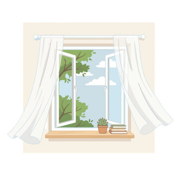 Open Window with Curtains Blowing and Green Trees Outside vector on transparent background