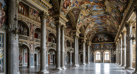 Obraz premium Opulent Grand Hall with Ornate Frescoes and Classical Architecture Details