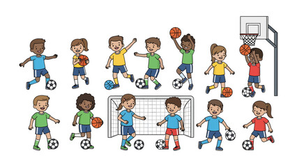 Fototapeta premium Young Athletes in Action: A lively collection of diverse children engaged in various sports, including soccer and basketball, showcasing the fun and energy of youth sports.