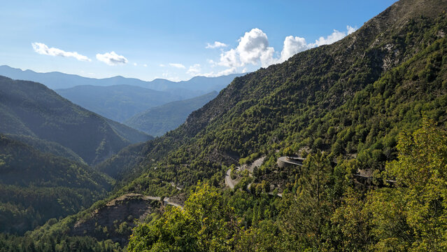 Route des Grandes Alpes M70 winding through french mountains near Col de Turini, Maritime Alps, France, Europe.