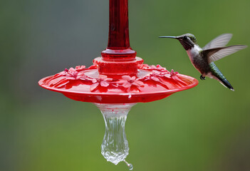 Obraz premium Hummingbird hovering near red feeder with dripping water